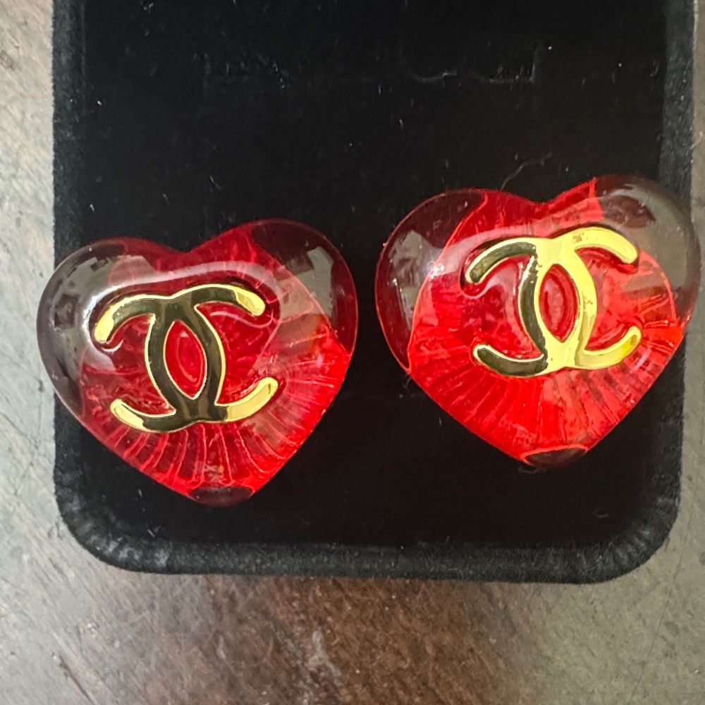 CC Chanel Boutique Heart Logo Stud Earrings in Red